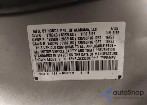 2005 Honda Odyssey Lx z USA, uszkodzony, nr VIN 5FNRL38235B073216